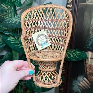VTG 1970's Wicker Peacock Fan Back Rattan Doll Chair Plant Stand Moroccan Boho